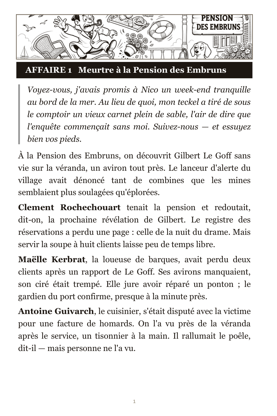Aperçu du livre de mots mêlés policier — la page d'une affaire avec la courte intrigue criminelle à lire