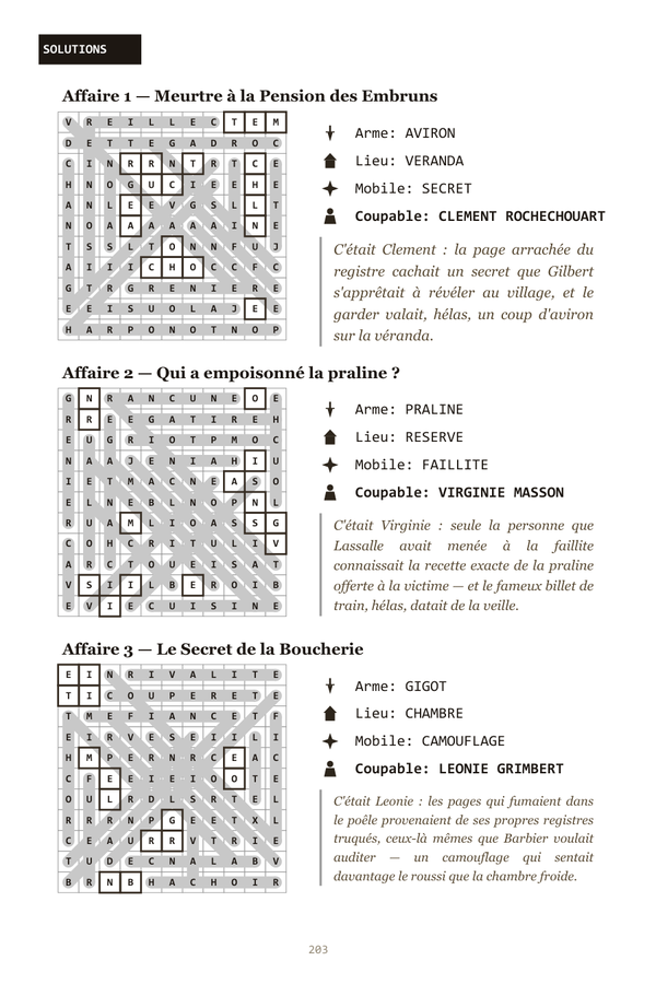 Aperçu de la solution — une page avec la grille résolue et le coupable démasqué, avec solutions à l'appui